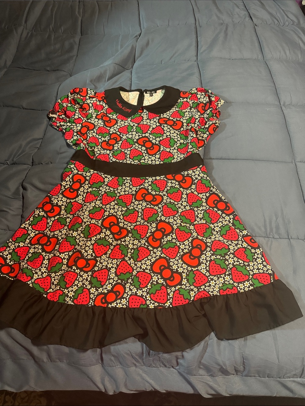 Hello Kitty Red, Black & Green Strawberry Print Dress